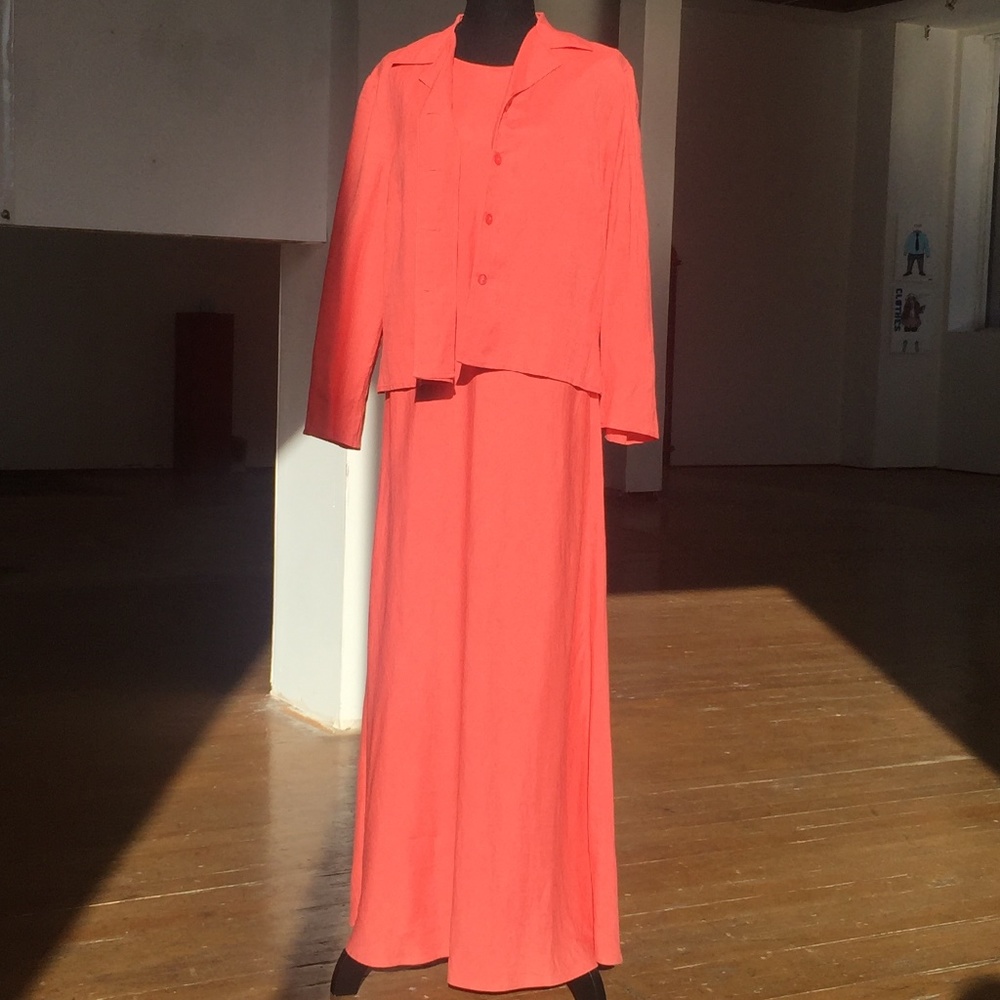 Salmon/Coral colored Maxi Linen Blend Dress with matching jacket